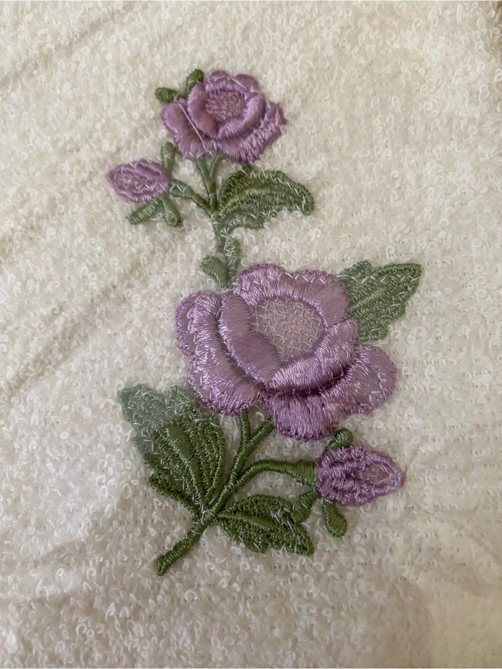 Vintage Soft cream towel set with delicate lavender-purple rose embroidery